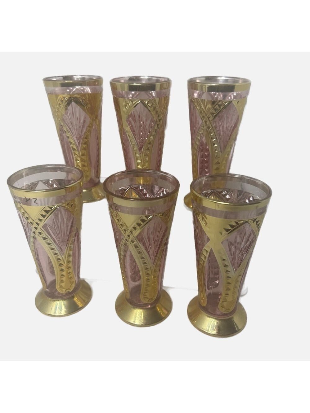 Elegant 6 Piece VTG Boho Gold and Cranberry Tumblers Glasses Party Set 60s